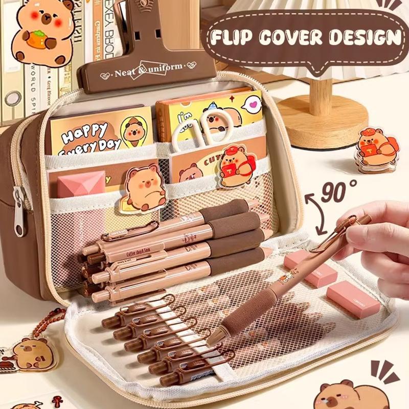 237Pcs Cute Capybara Pencil Case For Student Cartoon Anime Creative Pencil Bag High Capacity Stationery Storage Bag Pendant Pen