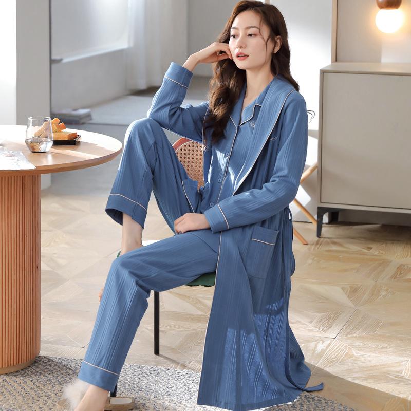 Couple Pajamas Women'S Spring And Autumn Cotton Long-Sleeved Autumn Men'S Nightgown Large Size Bathrobe Three-Piece Set Loungewear