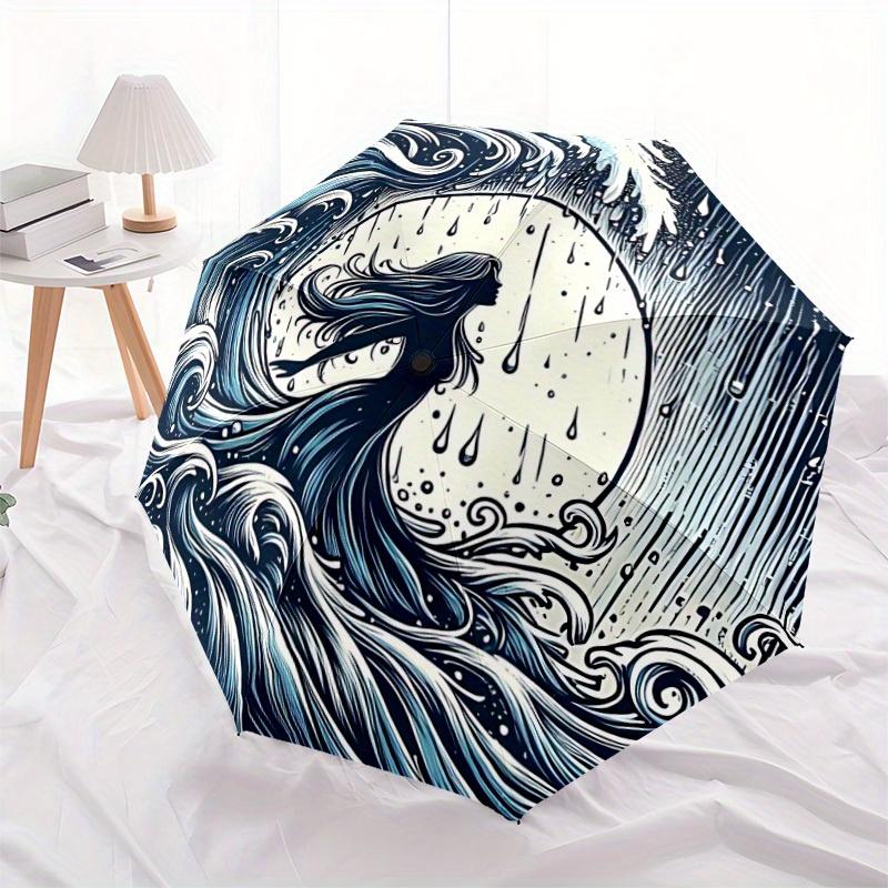 1pc Ocean Waves Auto Open/Close Umbrella, Portable Folding Umbrella for Travel, Themed Events, It is suitable as a gift for various festivals, Outdoor