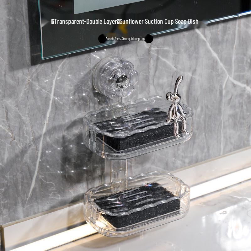 Wall-Mounted Double-Layer Vacuum Suction Soap Dish with Draining Function