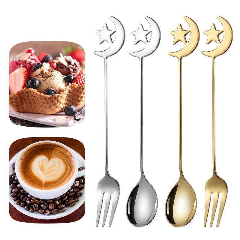 Stainless Steel Spoon Fork Star Moon Tableware Set Gold Coffee Spoon Teaspoon Fruit Dessert Accessorios Cake Home Restaurant