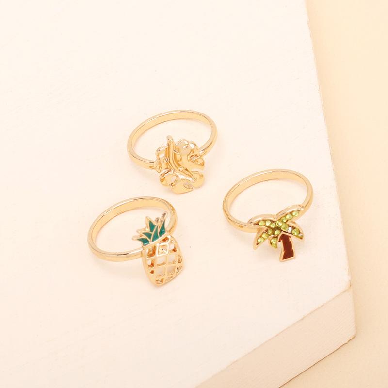 ins cold wind pineapple coconut tree ring combination set, niche retro rhinestone index finger joint ring