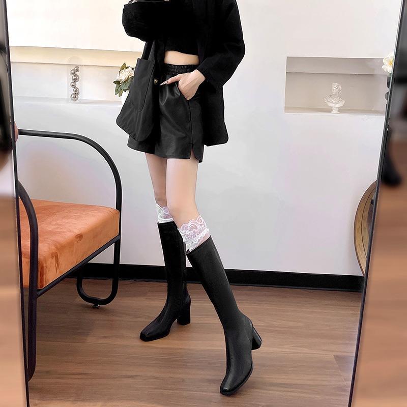 Retro but knee women's boots new black real soft leather side zipper square head medium thick heel long tube boots