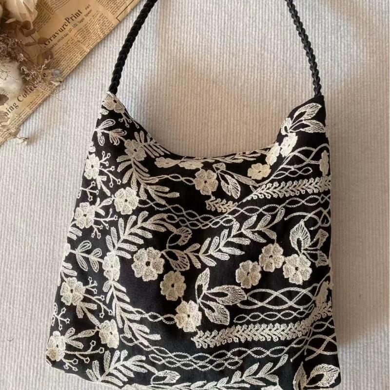 Summer cotton and linen black and white wind embroidery large capacity shoulder handbag tote bag hobo niche senior original