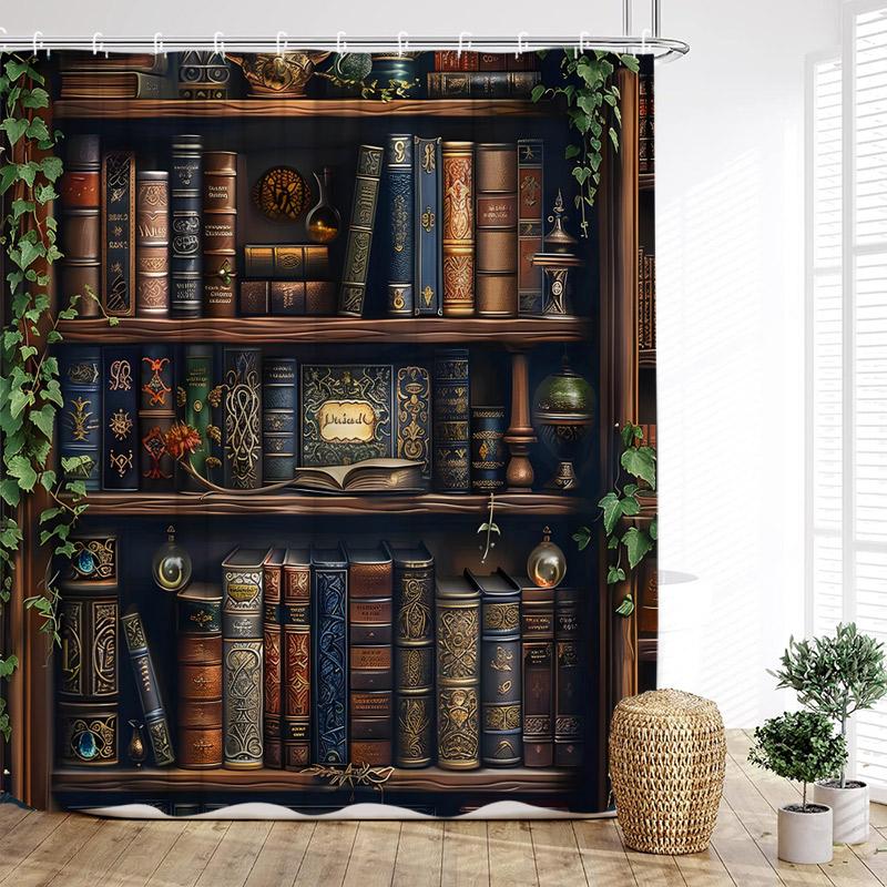 Vintage Bookshelf Shower Curtain Retro Book Green Plant Leaves Modern Fabric Home Wall Hanging Bathroom Curtain Decor with Hooks