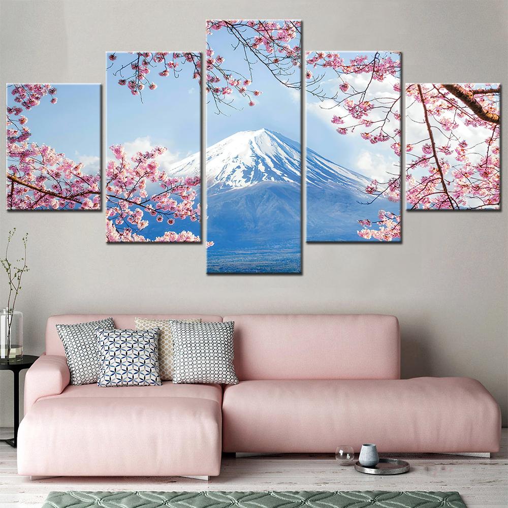 Mount Fuji Snow Peak Cherry Blossoms 5 Panel Wall Art Canvas Print Picture for Room Decor Painting Home Decoration Accessories