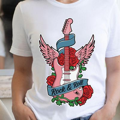 T-shirt Rock & Roll Guitare Électrique Ailée | Roses Style Tatouage, 11 couleurs