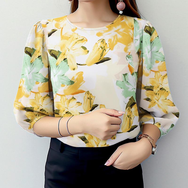 

ZANZEA Женская повседневная блузка с круглым вырезом и рукавом 3/4 с цветочным принтом S жёлтый