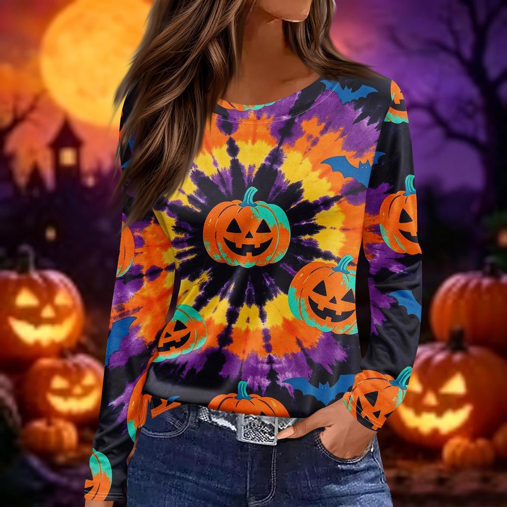Women's Long Sleeve Casual Pullover Top Halloween Pumpkin Print Crew Neck Split Hem Blouse Lightweight Comfortable Fit