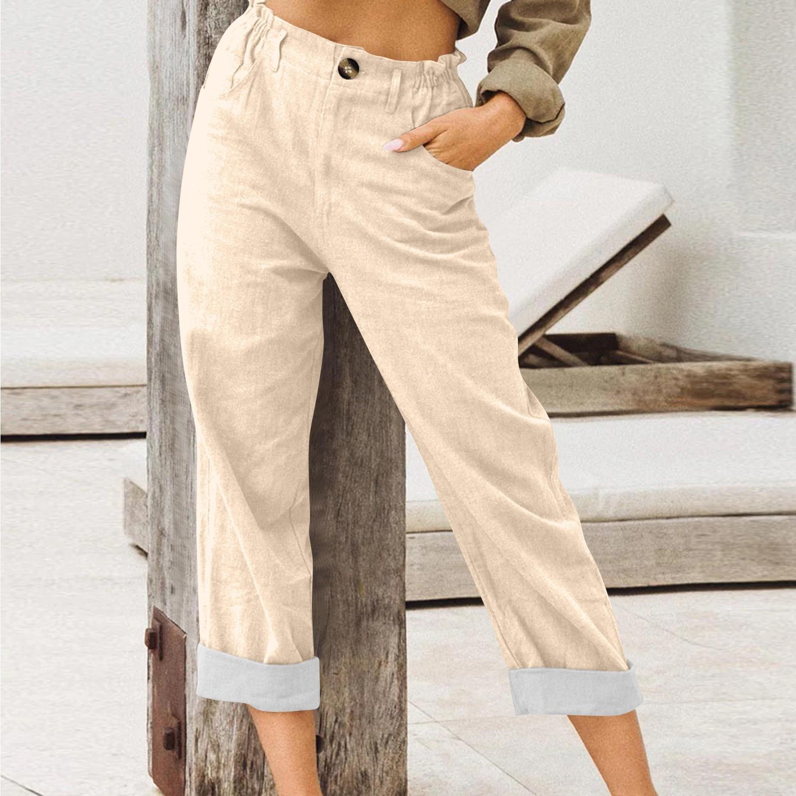 

Женские брюки летние широкие повседневные однотонные брюки с высокой талией и карманами L бежевый