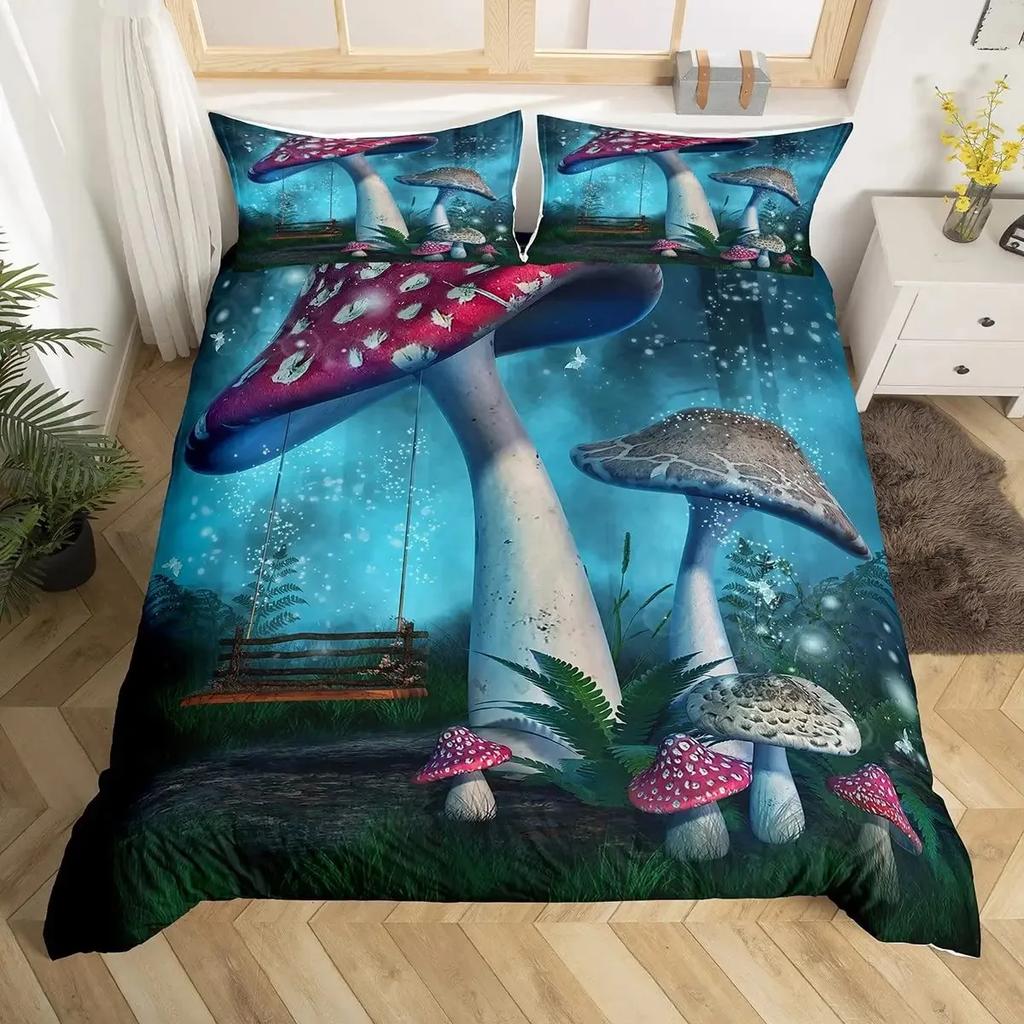 Cute Mushroom Duvet Cover Set Cartoon Mushrooms Comforter Cover Wild Mushroom Bedding Set Wildflower Botanical Plant Quilt Cover