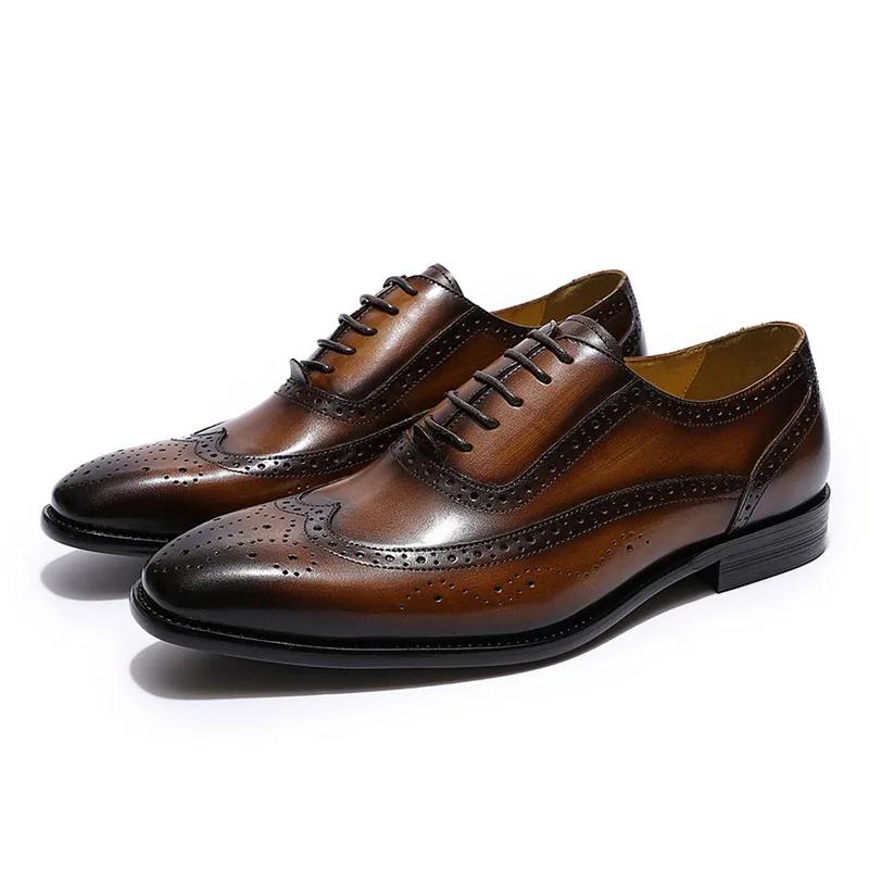 Fashion Men's Classic Wing-tip Brogue Style Oxford Dress Shoes Business Genuine Leather Black/Brown Lace-Up Wedding Formal Shoes