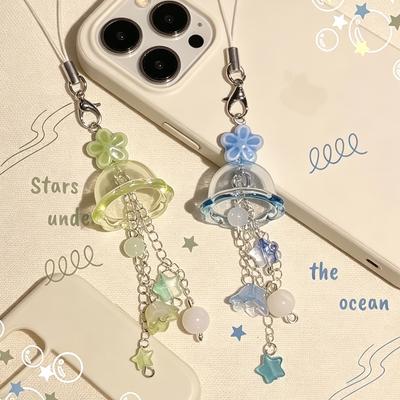 Cute Transparent Jellyfish Phone Charm Star Flower Bead Tassel Pendant Lobster Clasp Kawaii Handbag Keychain Accessory for G