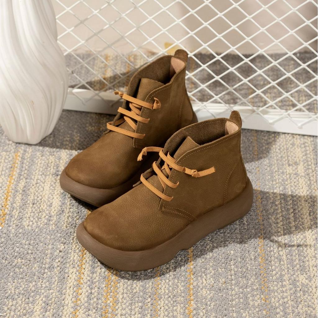 Rindsleder Plateau Martin Stiefel Damen Herbst und Winter neue vielseitige Leder Kurzstiefel Samt lässig Retro Damenschuhe