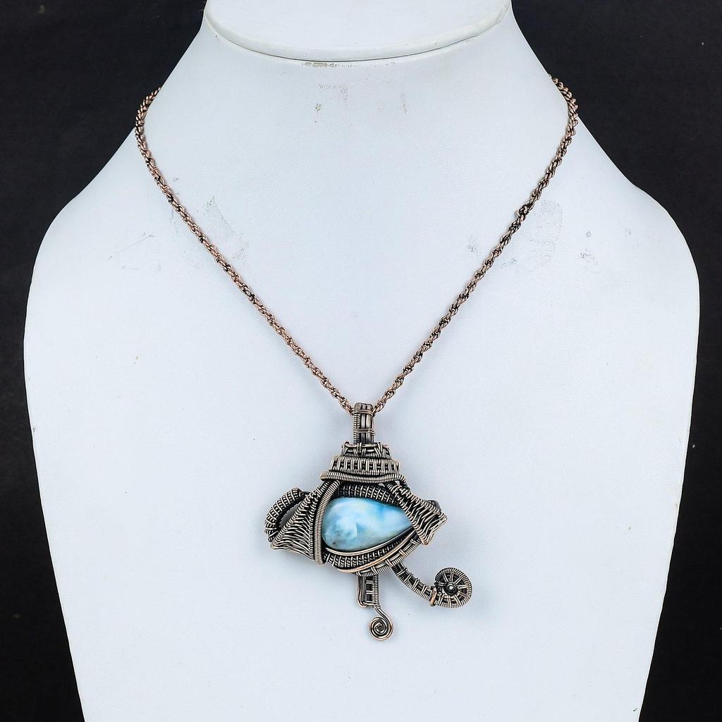 Larimar Pendant Gemstone Jewelry, 999 Copper Wire Wrapped Pendant, Handmade Jewelry Birthstone Pendant, Gift For Him