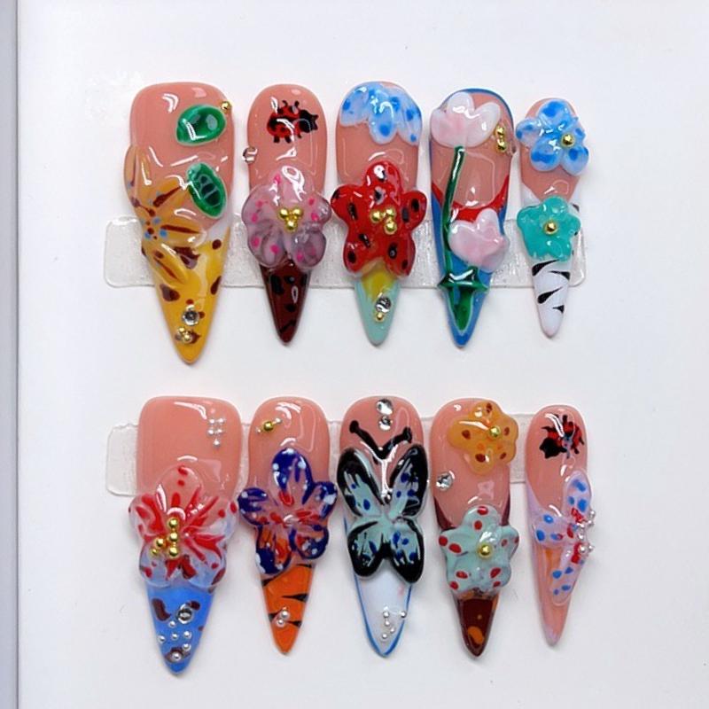 10Pcs French Stiletto Handmade Press On Nails With 3D Flower Decor Artificial False Nails Wearable Nail Tips