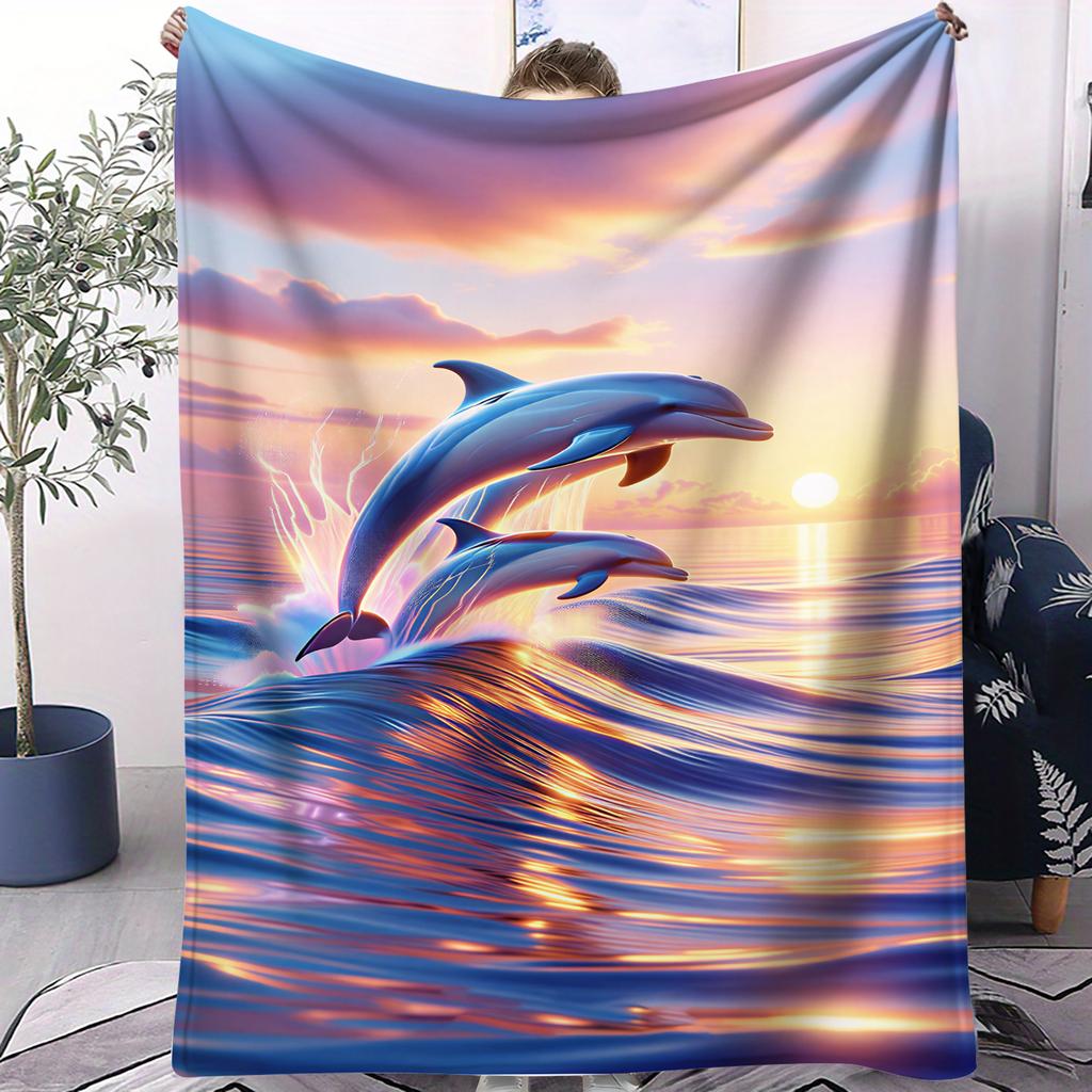Sunset Beach DolphinCute Blanket For Girl Boy Sofa Office Travel Comfort Leisure Camp Travel  Multifunctional Universal Blanket