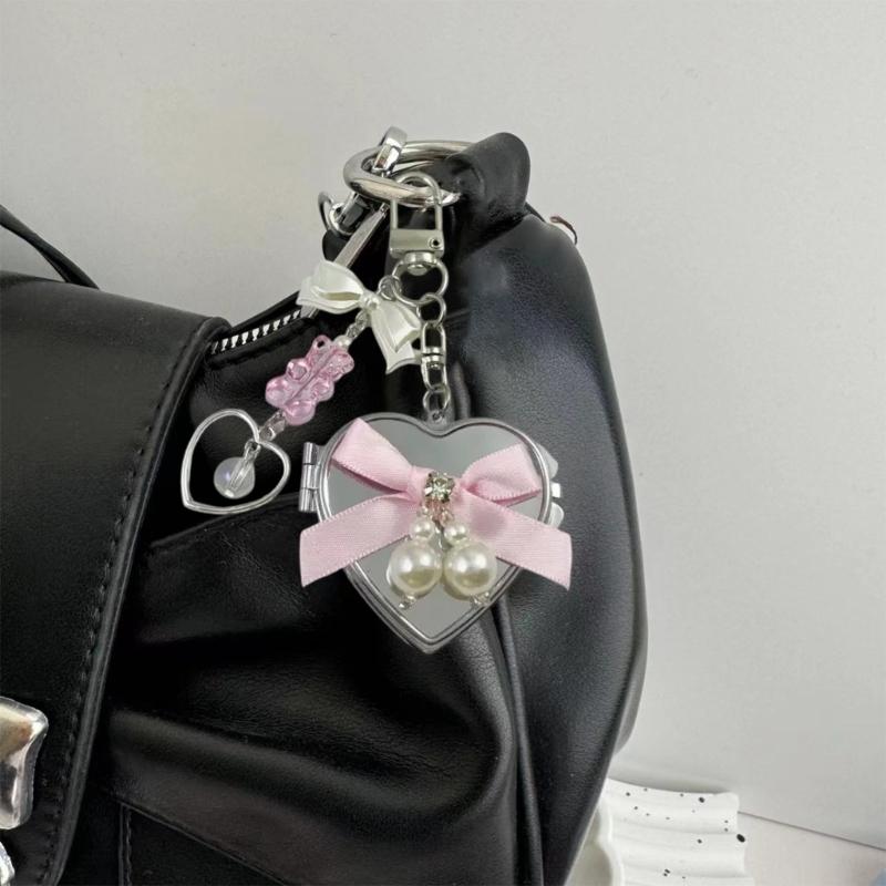 Cute Mirror Keychain Featuring Colorful Bowknot and Heart Design Portable Size Hanging Decoration for Quick Makeup