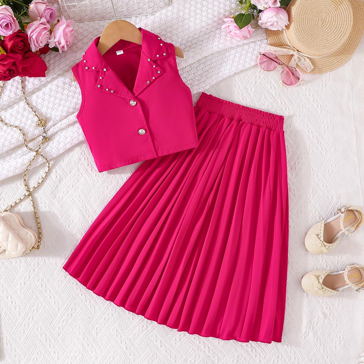 

2PCS Girls Sleeveless Studded Blazer Vest + Pleated Skirt Set, Elegant 2-Piece Outfit for 2-7Y 2-3Y вишня