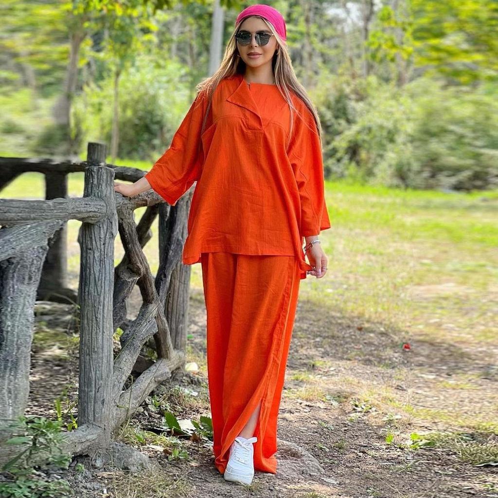 Women's 2024 Loose Long Sleeve Shirt and Slit Wide Leg Pants Set