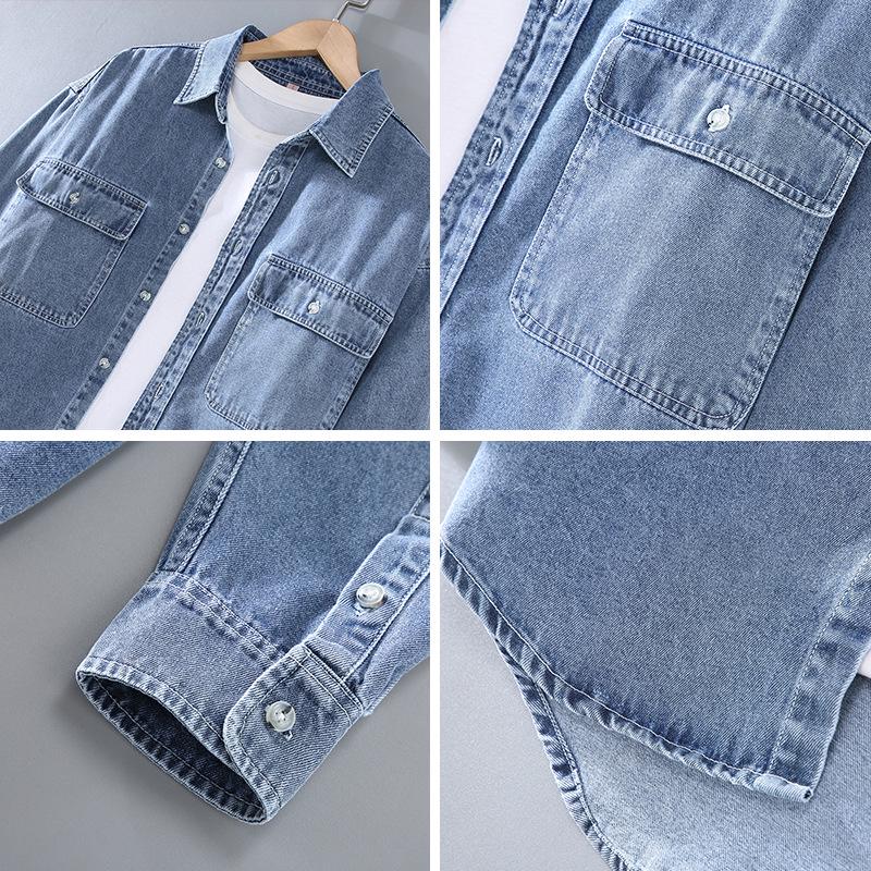 Autumn Men's Retro Light Denim Long Sleeve Shirt with Double Pockets