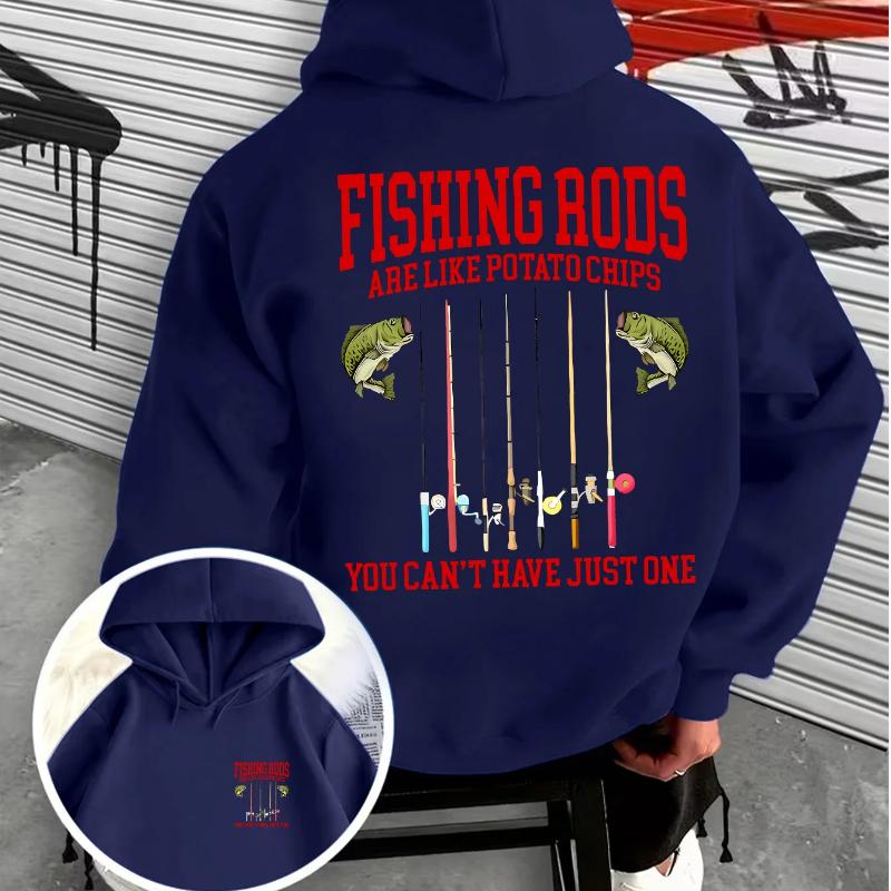 Humorous Fisherman Quote Mens Hooded Sweatshirt Bass and Multiple Fishing‑Rod Print Casual Outdoor Street‑Wear Hoodie