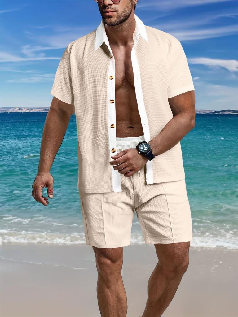 Mens Casual Color Block Breathable Thin Beach Shirt Shorts Set