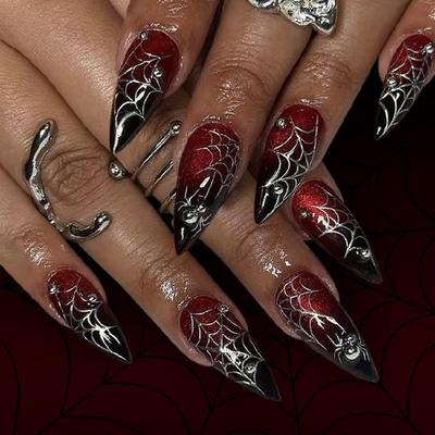 24 Stück Mandel Französische Spitzen Falscher Nagel Acrylnagel mit Spinnen Designs Aufkleb-Nagel für Frauen Halloween Press-on Nagel