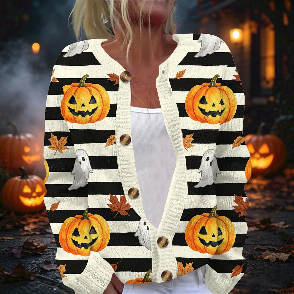 Women's Halloween Print Long Sleeve Knit Button Front Cardigan