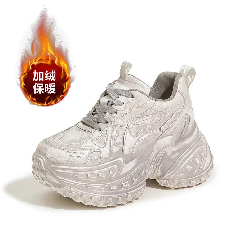 Fashion 10CM Internal Height Women Shoes Outdoor Leisure Genuine Leather Wide Toe Sneakers Female Retro Thick Platform Shoes