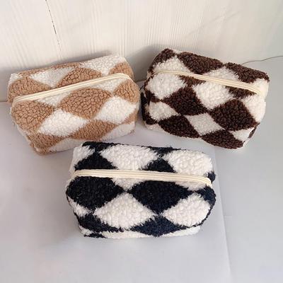 Makeup Bag Cosmetic Pouch for Travel Soft Plush Large Capacity Zipper Lady Travel Checkerboard