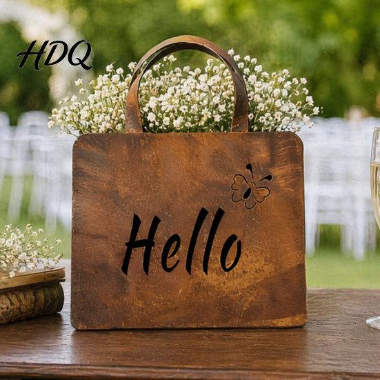 Mini Flower Box Handbag Planter Rustic Metal Purse with Curved Handle Double-Sided Hello Vintage Iron Pot Welcome Design Farmhouse Garden Decor for