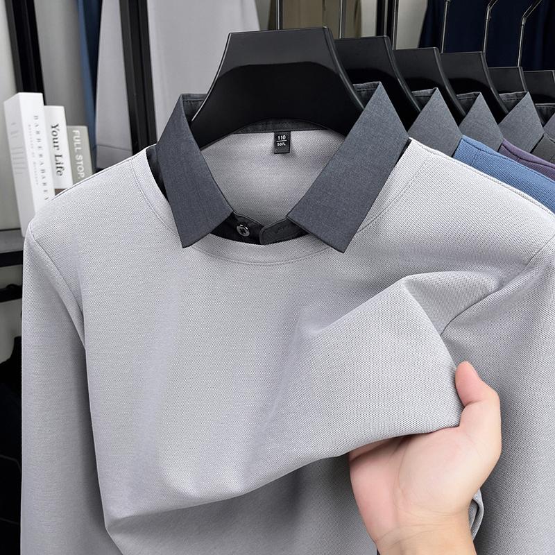 Men's Lapel Fake Two Piece Long Sleeve T-Shirt Autumn Solid Color Breathable Fashion Business Commute Menswear