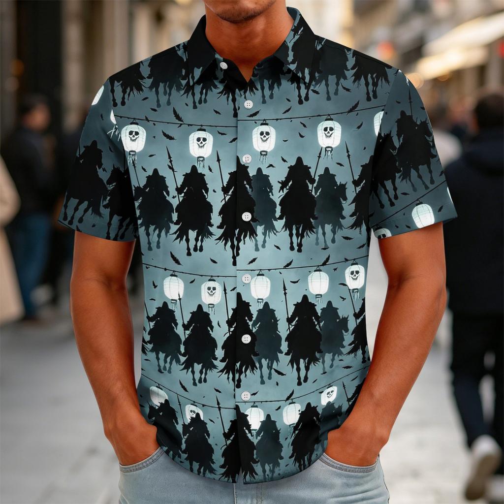 Men's Halloween Print Vintage Texture Button Down Cardigan, Loose Fit Breathable Summer Streetwear Casual Shirt