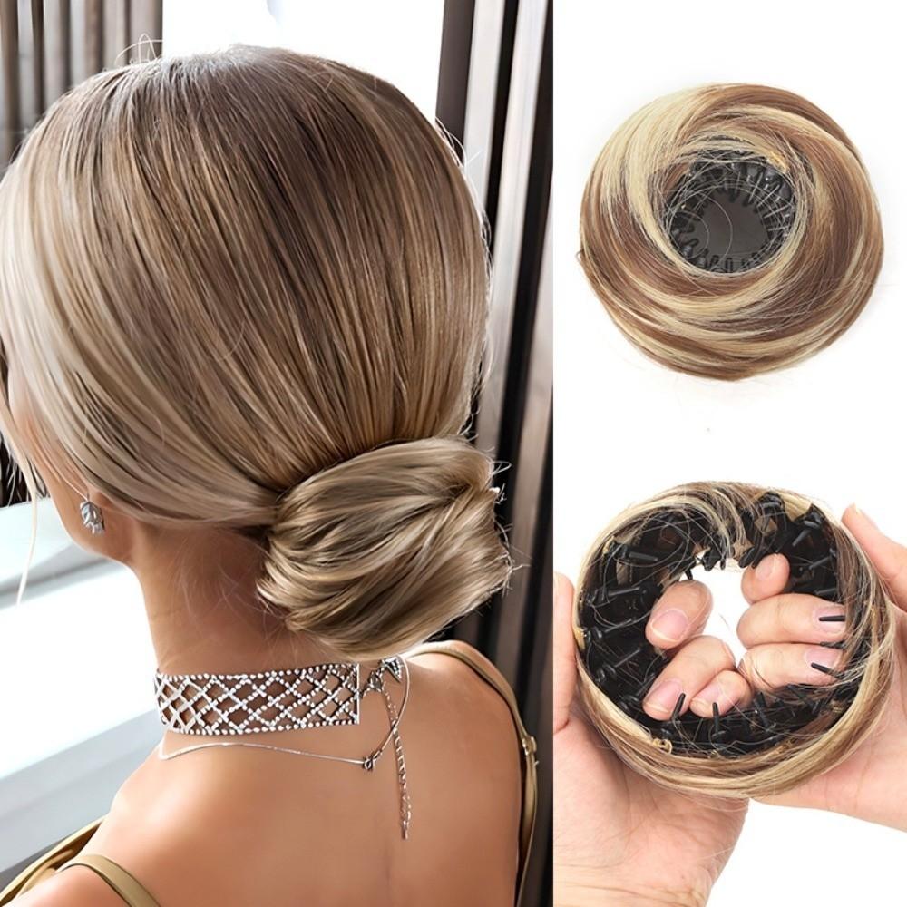 Synthetic Hair Clip in Hair Bun Straight Texture Messy Hair Bun Extensions Circle Elastic Clips Mini Bird's Nest Shaped Bun