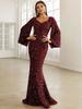 Women's V Neck Bell Sleeve Skinny Fit Mid Rise Mature Maxi Sequin Dress Formal Mermaid Maxi Dress