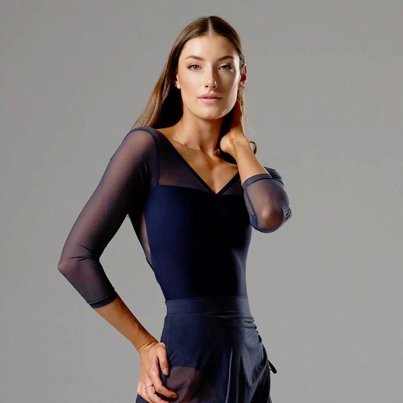 Womens Sheer Mesh Long Sleeve Leotard With U-Back Cross Straps Ballet Contemporary Dance Aerial Yoga Training