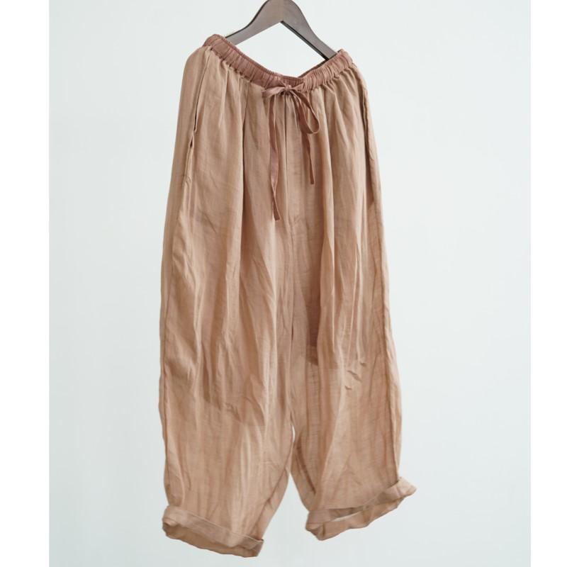 Johnature Women Vintage Straight Pants Solid Color Elastic Waist Trousers Summer Loose Belt Casual Ankle-length Pants