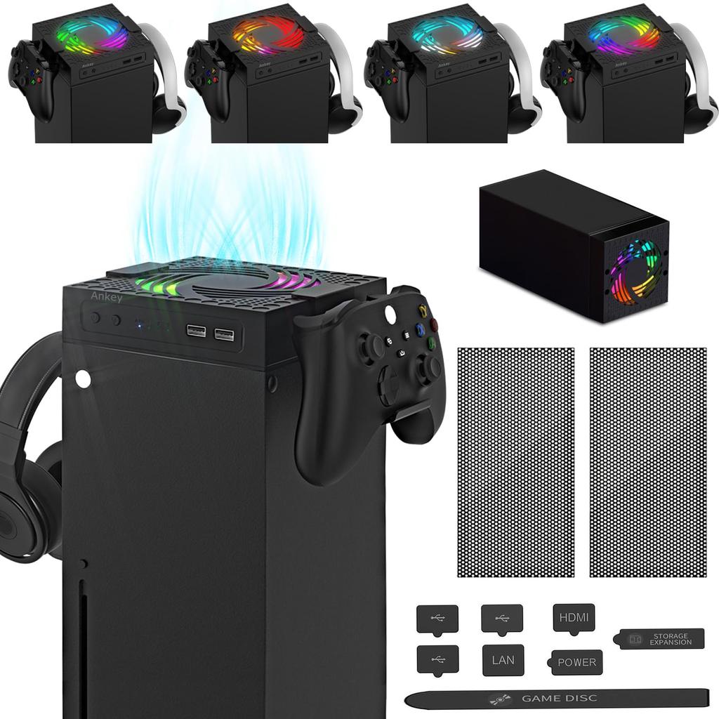 Automatic Cooling Fan for Xbox Series X Console, Temperature-Controlled Cooling Fan System 2 Holders for Controller Headphone Low Noise RGB Light 2
