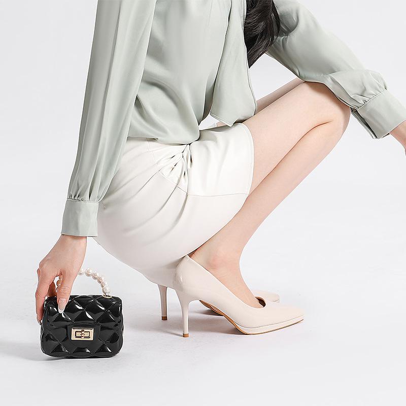 Waterproof Platform High Heels Stiletto Pointed Toe Single Shoes Fashion Patent Leather Business Women's Shoes