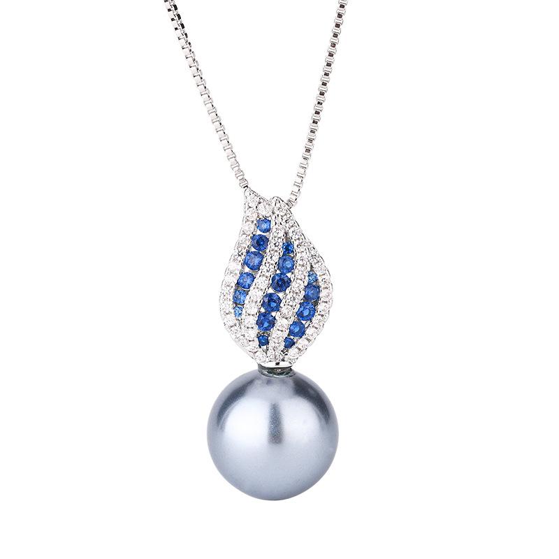 New Huamei Jewelry Imitation Natural Pearl Set Necklace Earrings Blue Zircon Platinum Grey