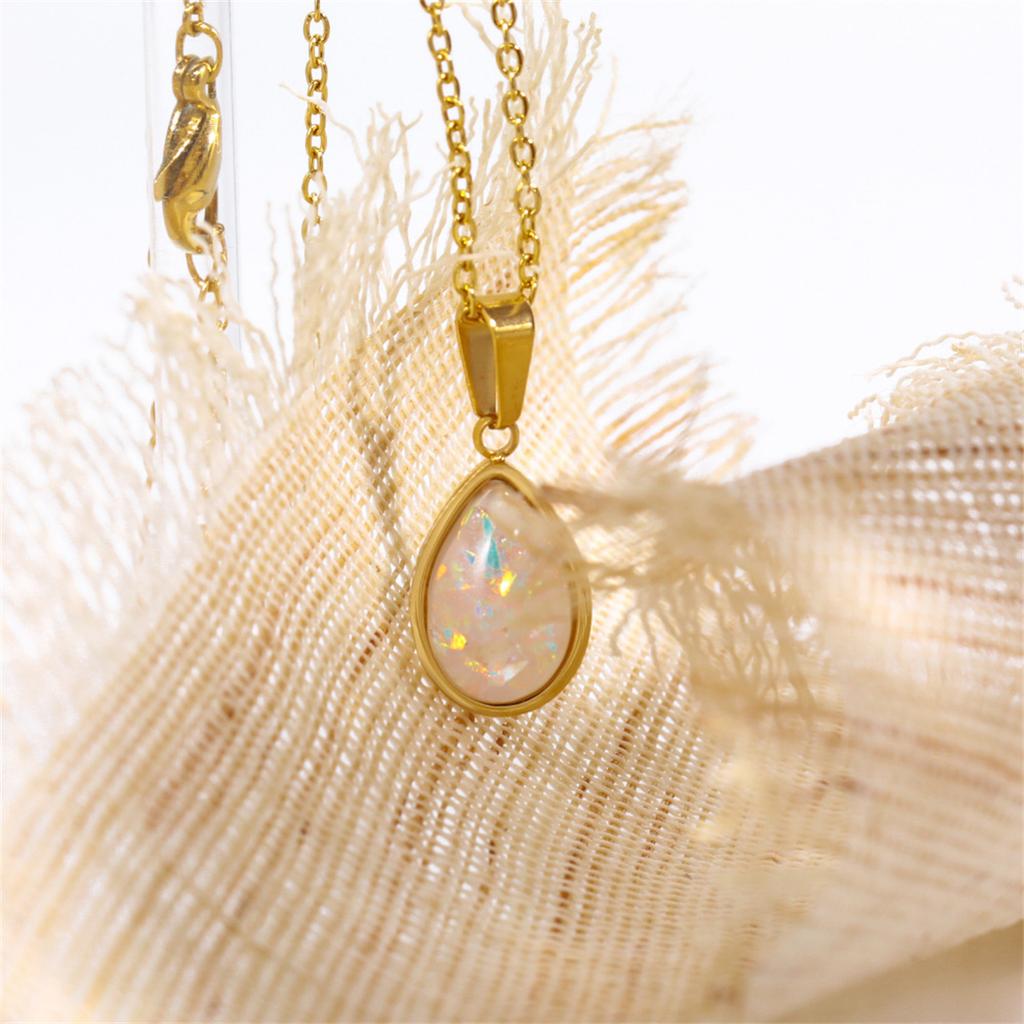Water droplet pendant necklace, stainless steel inlaid with imitation opal, opal pendant, sweater chain, gold-plated