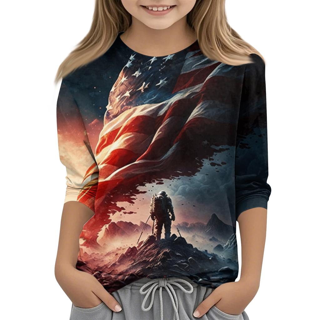 Children's Independence Day Printed Round Neck Seven Quarter Sleeve Casual T-shirt