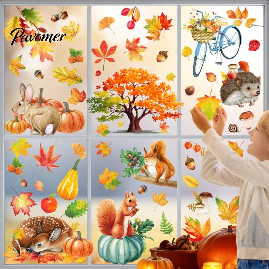 Maple Leaf Window Stickers for Home 9PCS Autumn Forest Animal Clings, Thanksgiving Pumpkin Stickers, Clings Kids Removable Decals Coffee Shop