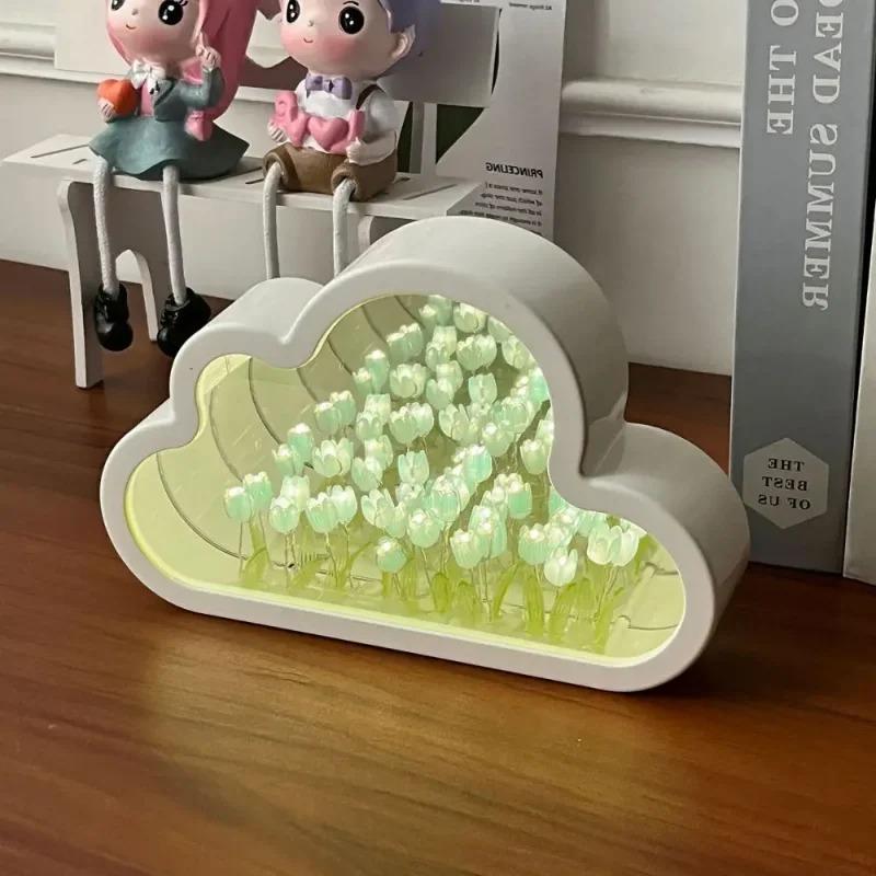Handmade DIY Night Atmosphere Lamp Clouds Tulip Lamp LED Night Light Mirror Table Lamp Bedroom Decor Lights New