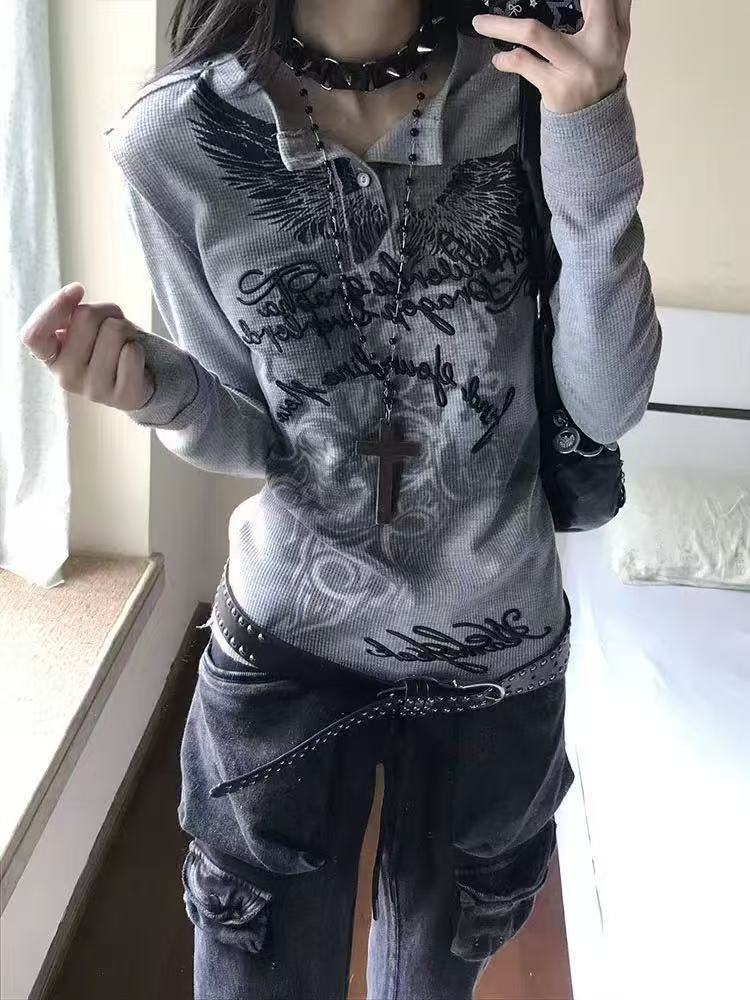 TrendHub Maglietta a Maniche Lunghe Retro Americana da Donna Autunno Stampa Totem Lettere Ricamate Maglia di Base Top