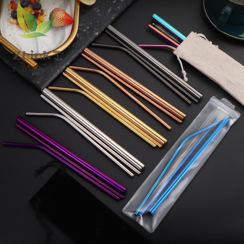 4PCS Stainless Steel Straw Reusable Metal Drinking Straw With Cleaner Brush For Home Party Barware Bar Accessories