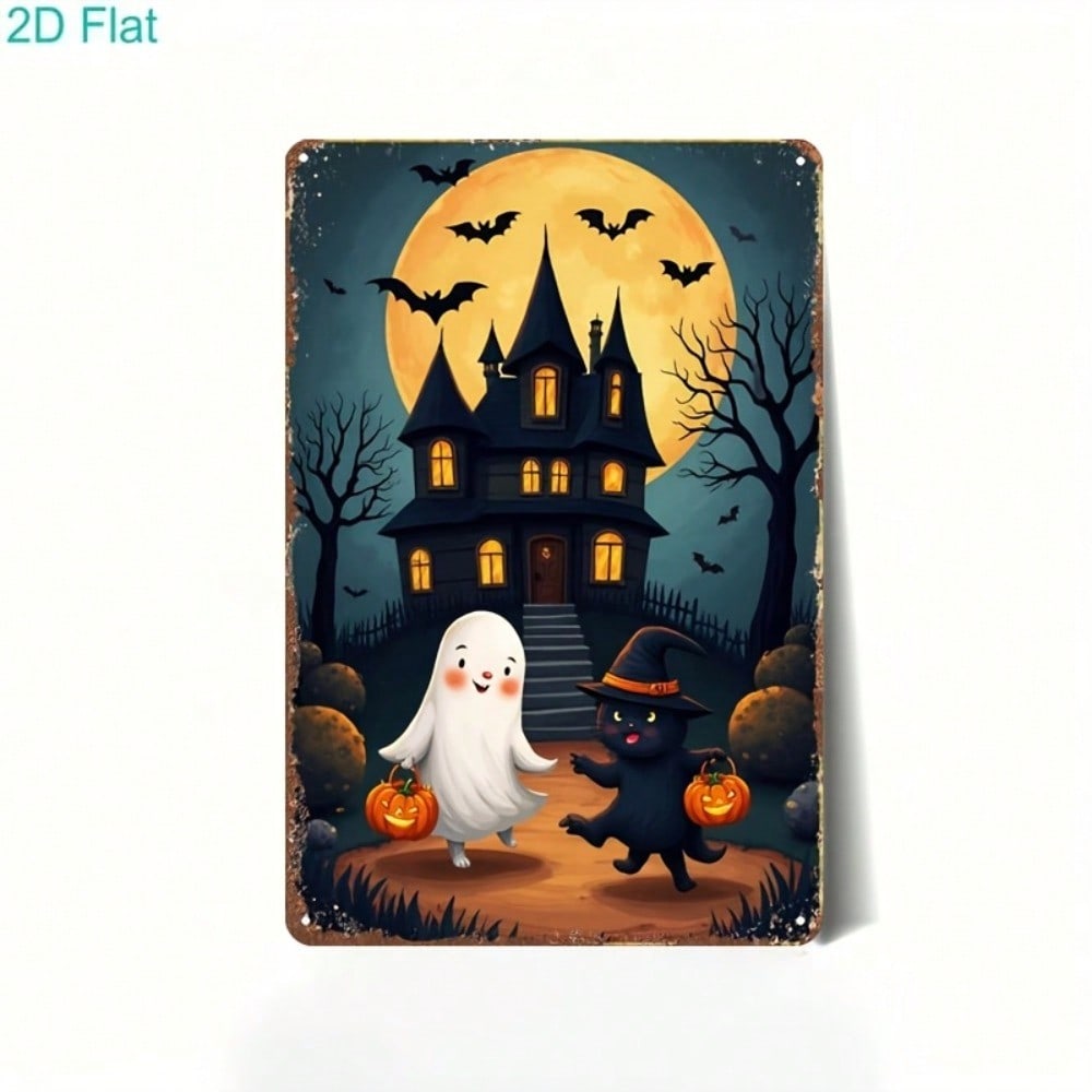 Vintage Halloween Metal Sign – Cute Ghost, Black Cat & Pumpkin, 2D Wall Art for Home, Bar, Cafe, Party Decor