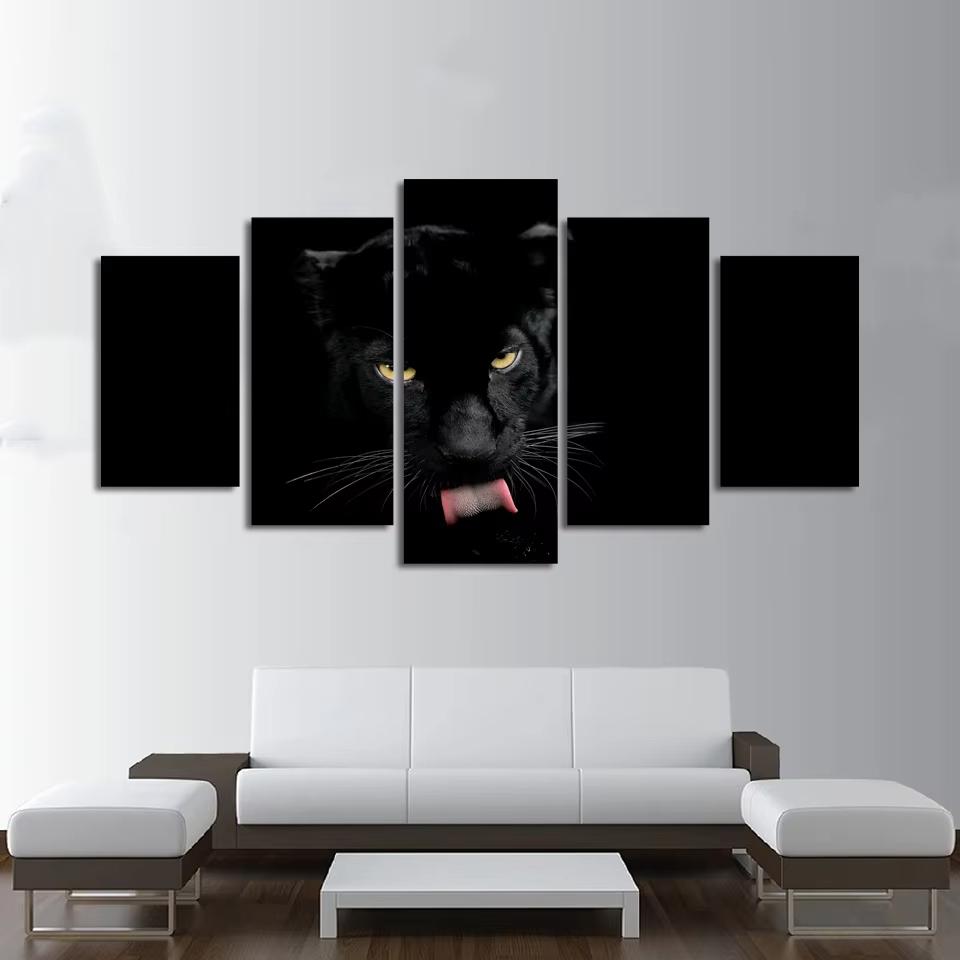 5-teilige Seltene Schwarzer Panther Wandkunst Schwarzer Leopard HD Bilder Leinwandbild Wandkunst für Wohnzimmer Wanddekoration Ohne Rahmen