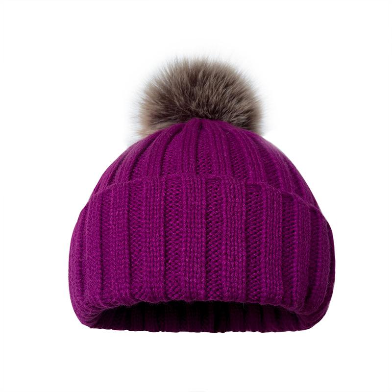Autumn Winter New Fashion Beanie Acrylic Pullover Solid Color Knitted Hairball Velvet Padded Flanging Plus Custom Winter Hats